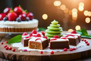 christmas cake with berries and berries on a wooden table. AI-Generated photo