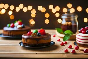 three cakes with berries and chocolate on a wooden table. AI-Generated photo