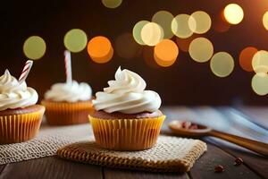 three cupcakes with white frosting on a wooden table. AI-Generated photo