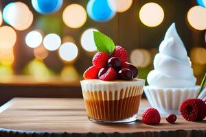 a cupcake with berries and whipped cream. AI-Generated photo