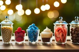 various types of sweets in glass jars. AI-Generated photo