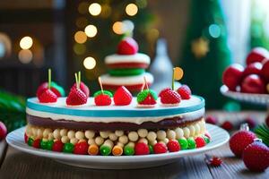 un Navidad pastel con fresas y chocolate en un mesa. generado por ai foto