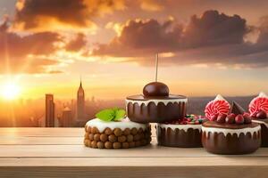 chocolate cakes on wooden table with sunset in background. AI-Generated photo