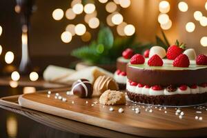 a chocolate cake with raspberries and cream on a wooden tray. AI-Generated photo