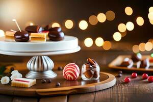 christmas cake and candies on a wooden table. AI-Generated photo