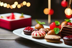 un plato con varios chocolates y postres en un de madera mesa. generado por ai foto