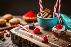 christmas cupcakes on a wooden cutting board. AI-Generated photo