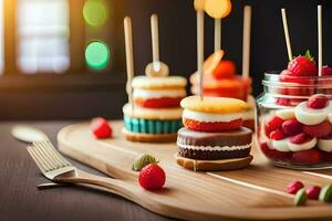 various desserts in jars on a wooden table. AI-Generated photo