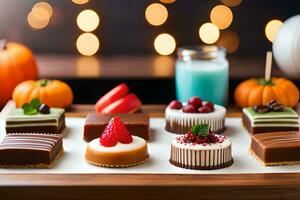 assorted desserts on a wooden tray with lights in the background. AI-Generated photo