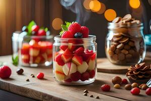 three jars with fruit and nuts on a wooden table. AI-Generated photo