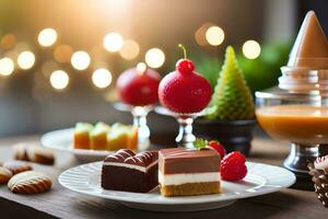 Navidad postre mesa con Navidad decoraciones generado por ai foto