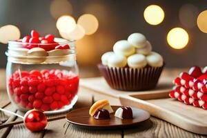 red and white candy in jars on a wooden table. AI-Generated photo