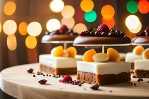 three desserts on a wooden table with lights in the background. AI-Generated photo