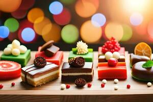 various types of desserts on a wooden table. AI-Generated photo