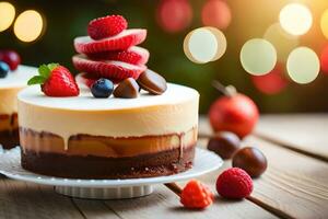 two cakes with berries and chocolate on a wooden table. AI-Generated photo