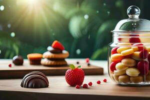 a jar filled with candies and strawberries. AI-Generated photo