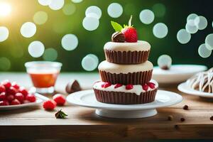 a cake with chocolate frosting and strawberries on a table. AI-Generated photo