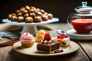 un mesa con varios postres y un taza de té. generado por ai foto