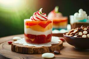 various desserts in glasses on a wooden table. AI-Generated photo