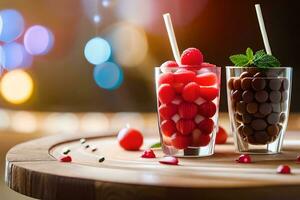 two glasses of chocolate and raspberry smoothie with straws. AI-Generated photo