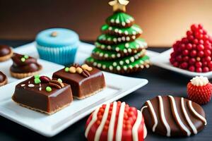 christmas desserts on white plates. AI-Generated photo