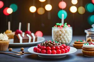 christmas desserts on a table with lights. AI-Generated photo