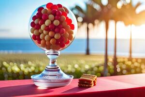 a glass vase filled with red and white candies on a table. AI-Generated photo