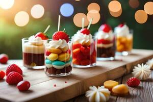 un mesa con varios postre tazas con Fruta y crema. generado por ai foto