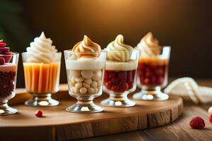 various desserts in small glasses on a wooden table. AI-Generated photo