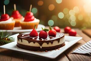 a chocolate cake with strawberries on top and a cupcake. AI-Generated photo