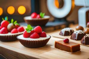 various desserts on a table with candles. AI-Generated photo