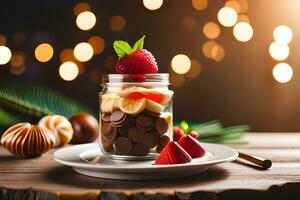 chocolate and fruit dessert in a glass jar on a wooden table with lights. AI-Generated photo