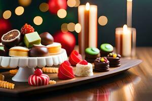 Navidad postre en un de madera mesa con velas generado por ai foto