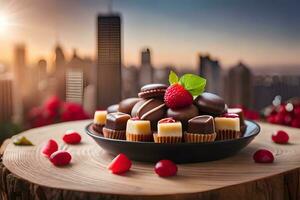 chocolate cake with berries and cherries on top of a wooden table. AI-Generated photo
