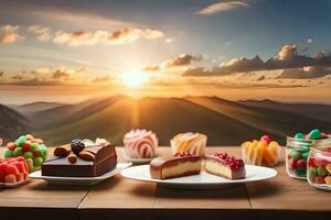 various desserts on a table with mountains in the background. AI-Generated photo