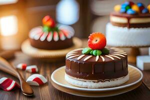 chocolate cake with strawberry on top on wooden table. AI-Generated photo