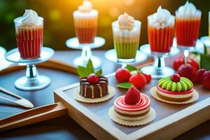 a tray with various desserts on it. AI-Generated photo