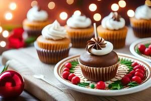 christmas cupcakes on a wooden table with christmas lights. AI-Generated photo