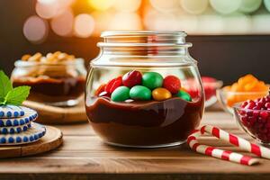 chocolate pudding in glass jar with candies and cookies. AI-Generated photo