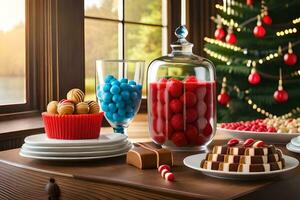 christmas dessert buffet with christmas tree and christmas decorations. AI-Generated photo