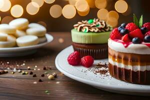 a plate with two cakes and a cupcake. AI-Generated photo