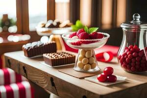 un mesa con varios postres y dulces. generado por ai foto