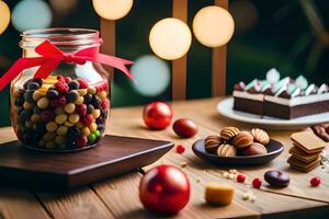 a jar of candy and a cake on a table with christmas lights. AI-Generated photo