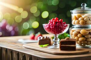 a table with a glass jar of berries and a cake. AI-Generated photo