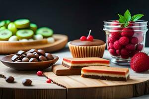 various desserts on a wooden table. AI-Generated photo