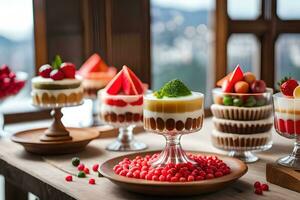 various desserts are displayed on a table. AI-Generated photo