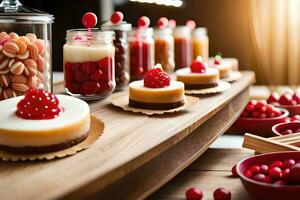 various desserts on a table with jars and cups. AI-Generated photo