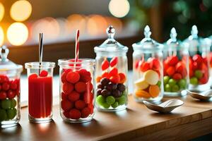 various jars filled with fruit and vegetables. AI-Generated photo