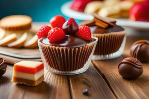 chocolate cupcakes with berries and cookies on a wooden table. AI-Generated photo