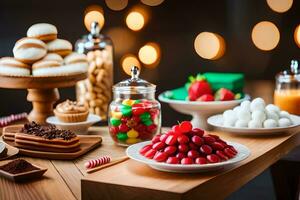 Navidad buffet con Navidad dulces y golosinas en de madera mesa. generado por ai foto